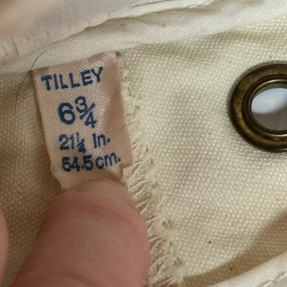 Tilley Endurables Hat Beige Men’s Size 6 3/4 Bucket Sun Straps Khaki - Stains